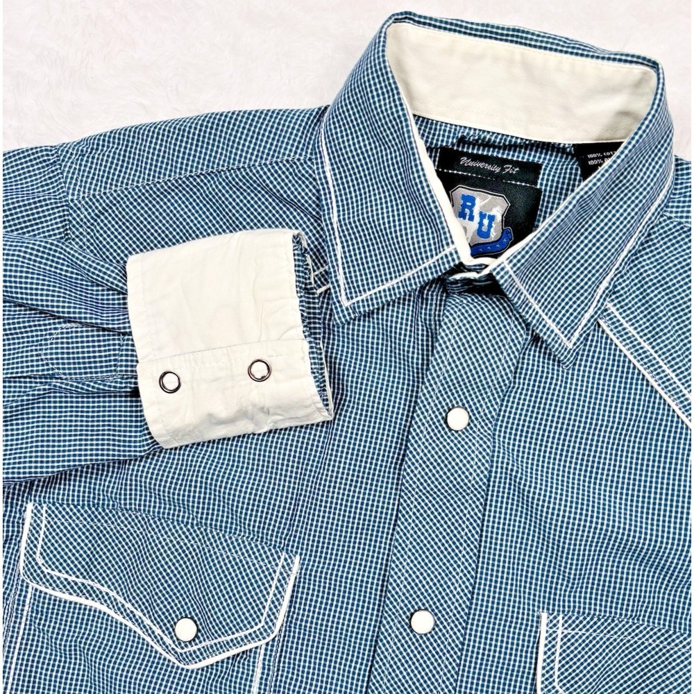 Western Shirt Mens S‎ Blue Microcheck Pearl Snap Flip Cuff Cowboy Rodeo Resistol